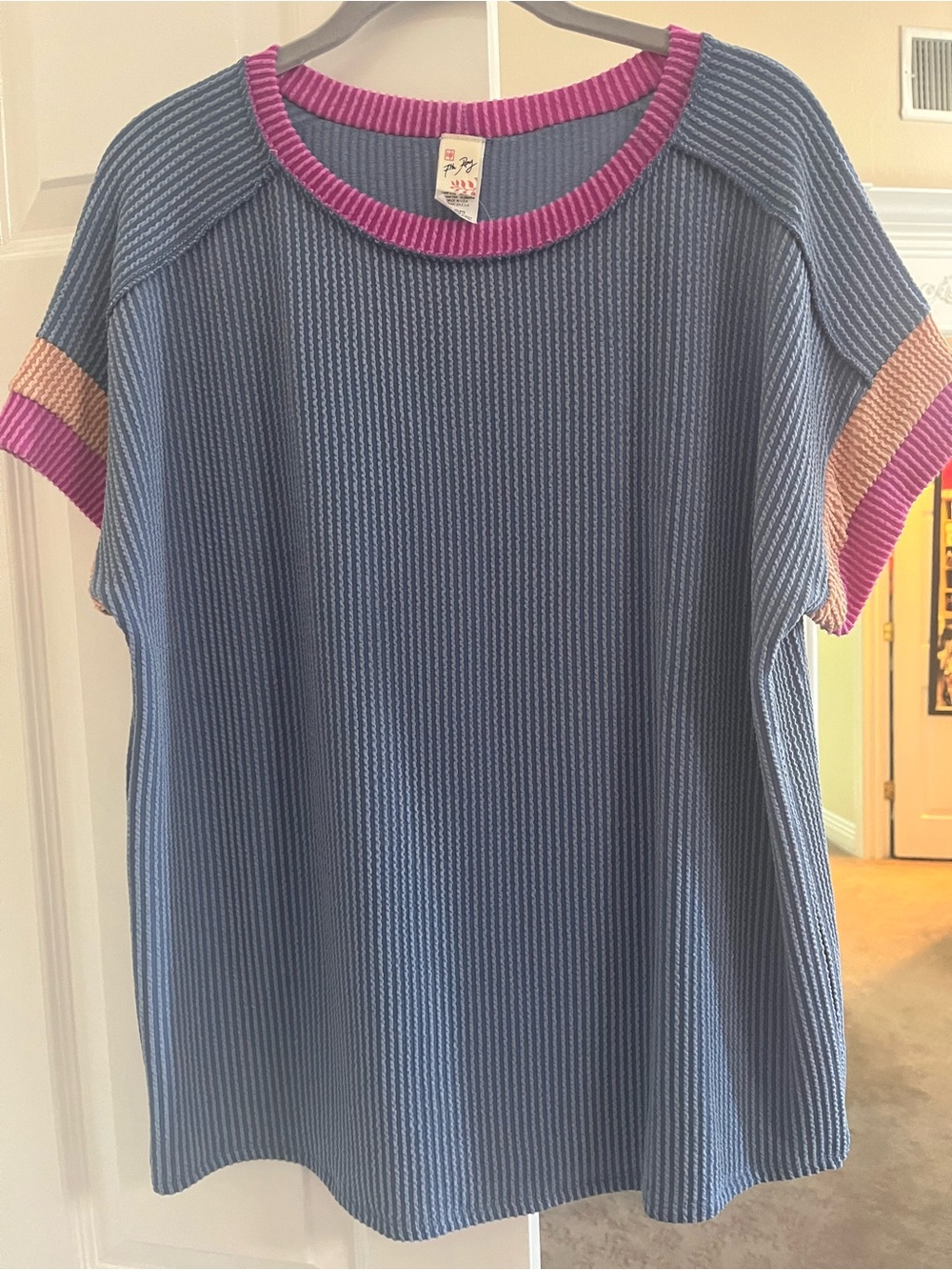 7th Ray Blue Knit Tee with Pink and Peach Trim